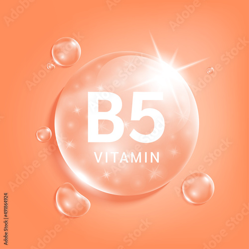 Serum collagen vitamin B5, Orange drop water. Vitamin complex with Chemical formula from nature. Medical and scientific concepts. Beauty treatment nutrition skin care design. 3D Realistic Vector.