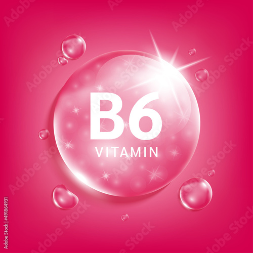 Serum collagen vitamin B6, Red drop water. Vitamin complex with Chemical formula from nature. Medical and scientific concepts. Beauty treatment nutrition skin care design. 3D Realistic Vector EPS10.
