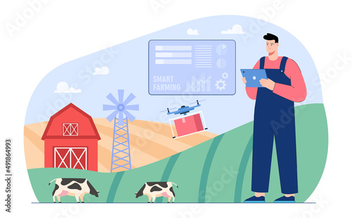 Farmer with tablet analyzing data about cows. Engineer on farm, implementation of automation flat vector illustration. Smart farming, technology, agriculture concept for banner or landing web page