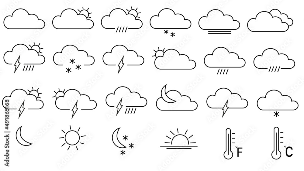 Set of weather web icons in line style. Weather , clouds, sunny day, moon, snowflakes, wind, sun day. Vector illustration.
Set of weather web icons in line style. Weather , clouds, sunny day, moon, snowflakes, wind, sun day. Vector illustration.