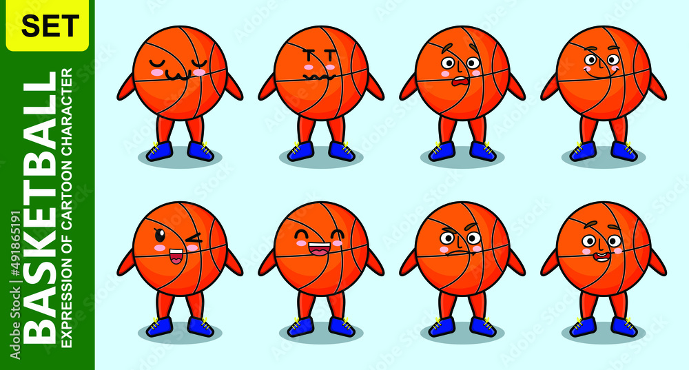 Set kawaii basketball cartoon character with different expressions of