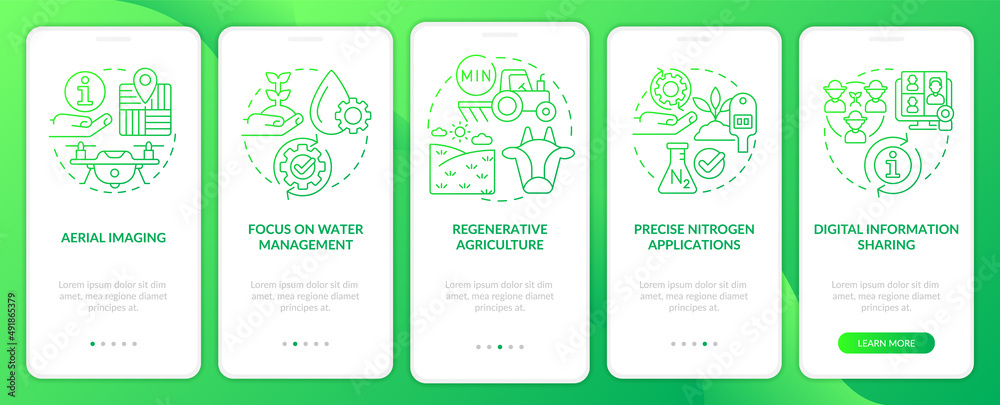 Trends in agriculture green gradient onboarding mobile app screen. Walkthrough 5 steps graphic instructions pages with linear concepts. UI, UX, GUI template. Myriad Pro-Bold, Regular fonts used Trends in agriculture green gradient onboarding mobile app screen. Walkthrough 5 steps graphic instructions pages with linear concepts. UI, UX, GUI template. Myriad Pro-Bold, Regular fonts used