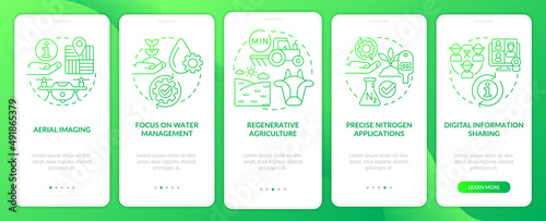 Trends in agriculture green gradient onboarding mobile app screen. Walkthrough 5 steps graphic instructions pages with linear concepts. UI, UX, GUI template. Myriad Pro-Bold, Regular fonts used