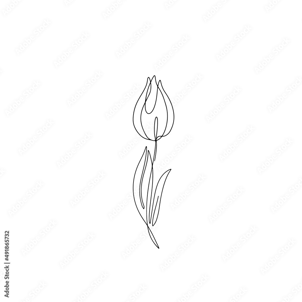 One line drawing tulip. Hand drawn single line flower black color