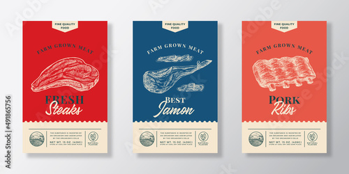 Meat Abstract Vector Packaging Labels Design Set. Modern Typography Banner, Hand Drawn Steak, Jamon leg and Ribs Sketch Silhouettes. Color Paper Background Layouts Collection. Isolated
