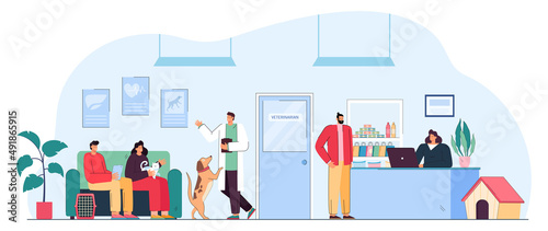 Men and women with pets waiting in queue at vet clinic. Owners of cats and dogs, veterinarian room, animal flat vector illustration. Veterinary concept for banner, website design or landing web page