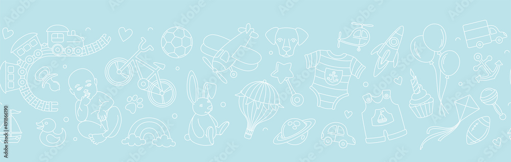 Naklejka premium Newborn boy baby shower seamless doodle line pattern birthday party.