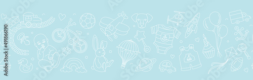 Newborn boy baby shower seamless doodle line pattern birthday party.
