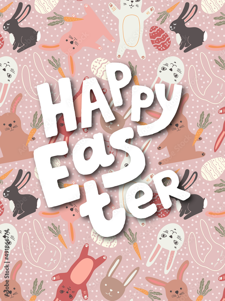 Happy Easter card with bunnies and eggs. Cute childish illustration. Happy Easter card with bunnies and eggs. Cute childish illustration.