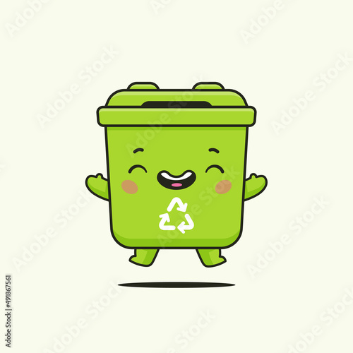 Recycle bin mascot. Cute kawaii cartoon character, green recycle bin joyful jumping vector illustration