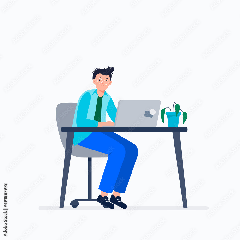 Exhausted man sitting at his workplace with a computer in the office. Emotional burnout. Long working day in the office. Mental health problem. Vector flat illustration. Exhausted man sitting at his workplace with a computer in the office. Emotional burnout. Long working day in the office. Mental health problem. Vector flat illustration.