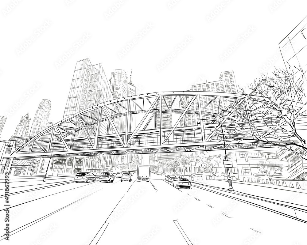 Fototapeta premium Times square. Sketch bridge. New York. USA. Hand drawn city sketch. Vector illustration.