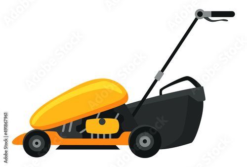 Lawn mower machine in green color. Trimming, pruning and cutting grass electric or petrol mower work tool for garden. Flat cartoon icon isolated on white background