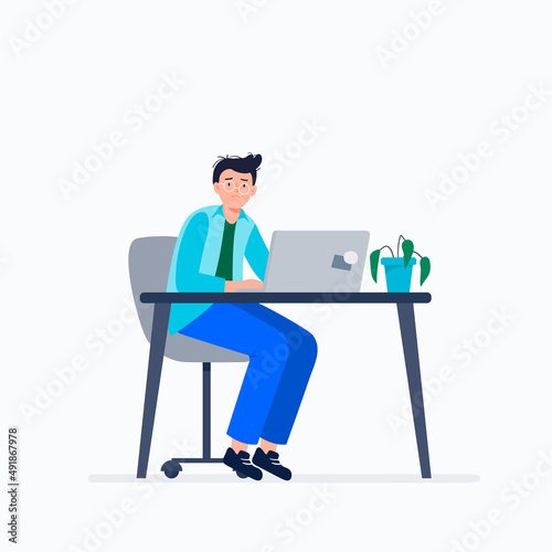 Exhausted man sitting at his workplace with a computer in the office. Emotional burnout. Long working day in the office. Mental health problem. Vector flat illustration.