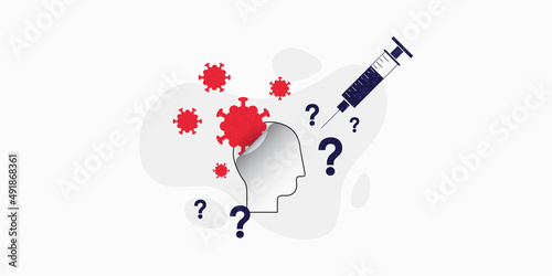 Get vaccinated question. Vector illustration of human head, coronavirus, syringe and question mark.