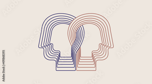 Two intertwined human heads. Collaboration people. Concept of interpersonal relationships, empathy, understanding. Line design, editable strokes. Vector illustration.