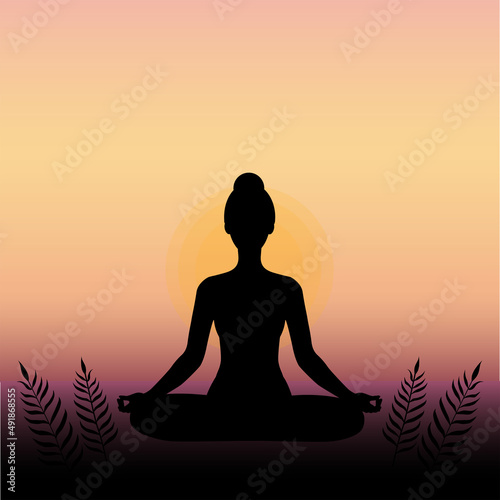 Young woman silhouette in lotus position practicing yoga, meditating .Sunset background. Color vector illustration in flat style.
