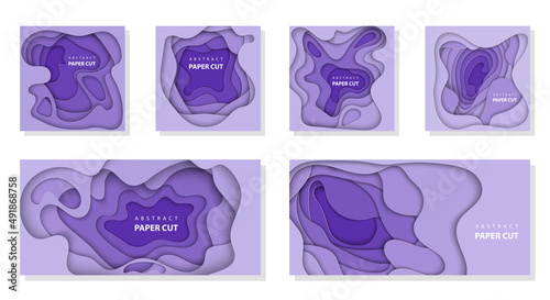 Vector set of 6 backgrounds with deep violet color paper cut shapes. 3D abstract paper art style, design layout for business presentations, flyers, posters, prints, decoration, cards, brochure cover.