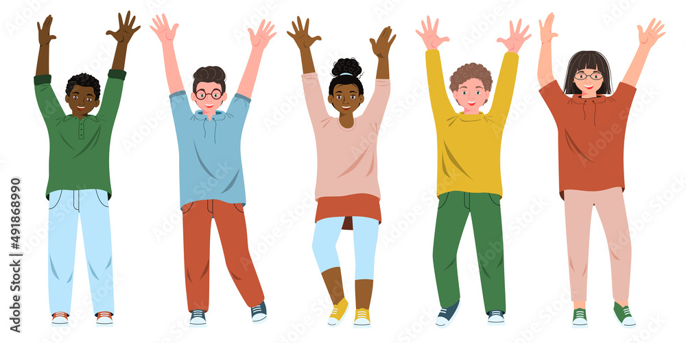 Happy children jumping with raised hands. Multiethnic cute kids. Energetic kids in motion. Active classmates or schoolchildren having fun. Flat vector cartoon illustration isolated on white
