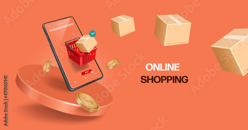 Parcel box floated from the shopping basket in front of the smartphone and all floating on a round podium for delivery and online shopping concept design,vector 3d isolated on pastel orange backgroud