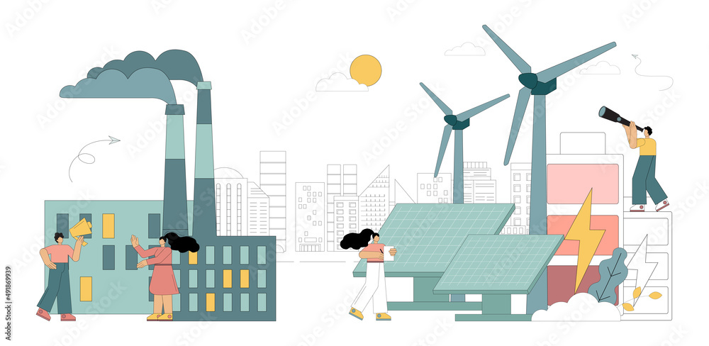 Environmentally friendly and polluting power generation. Vector illustration