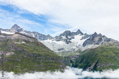 Hiking in the swiss alps with flower field and the Matterhorn peak in the background. © Angelov