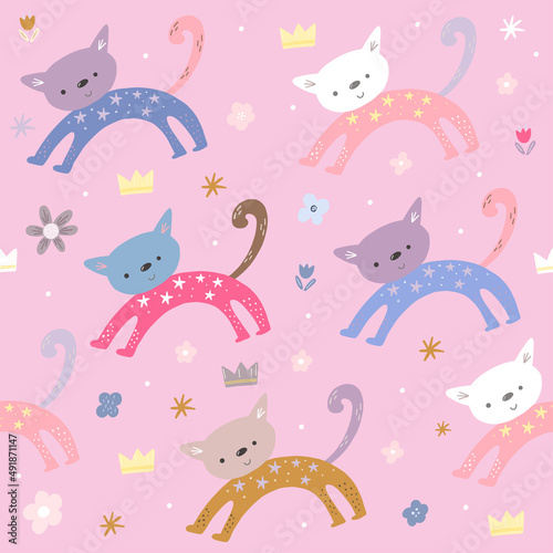 Seamless pattern with cute cartoon cats. Creative childish background. Vector illustration