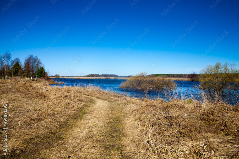 Sunny spring day by   river in high water