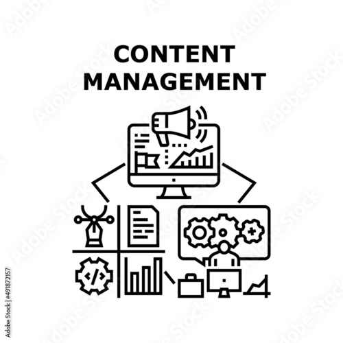 Content Management Vector Icon Concept. Content Management System Business Process, Online Advertising And Creation Promotion. Manager Working At Computer In Internet Black Illustration