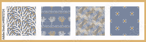 French blue linen seamless pattern set. Tonal farmhouse cottage style background. Simple vintage rustic fabric textile effect. Primitive modern shabby chic kitchen cloth design group. 
