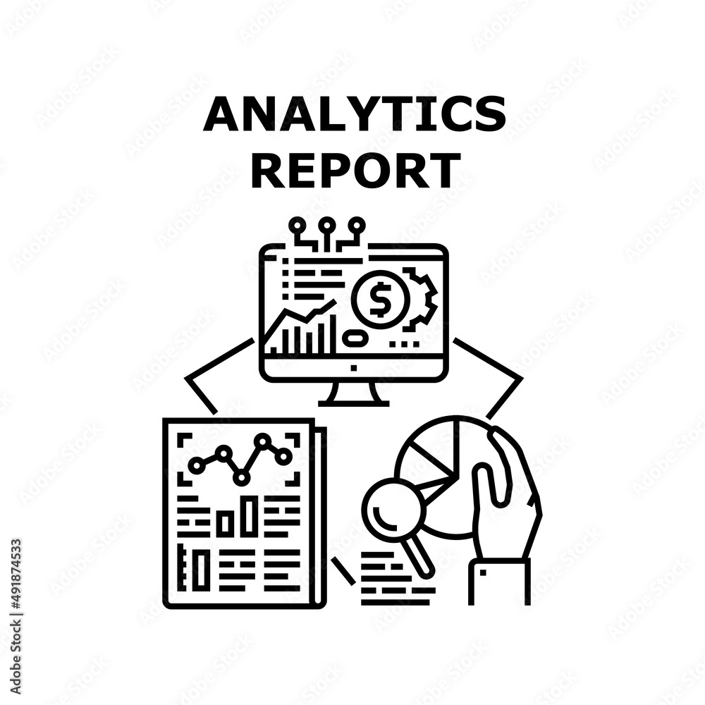 Analytics Report Vector Icon Concept. Analytics Report Researching Financial Manager On Document List Or Computer Screen. Analyzing Finance Chart And Diagram Documentation Black Illustration