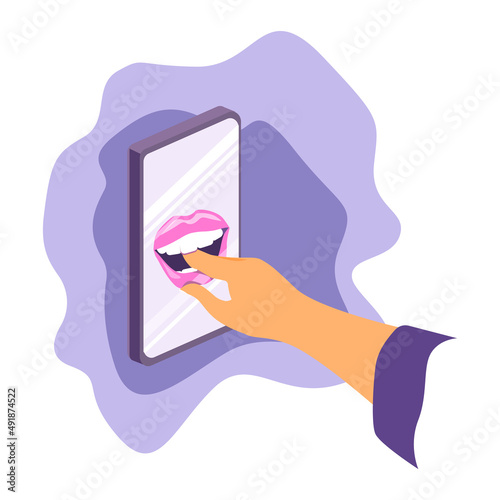 A mobile phone screen in which the mouth bites the user's finger.Vector illustration in purple tones.The illustration symbolizes unreliable information that can consume a person.