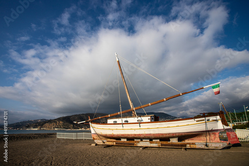 beach of Sestri Levante with traditional ships, Italy