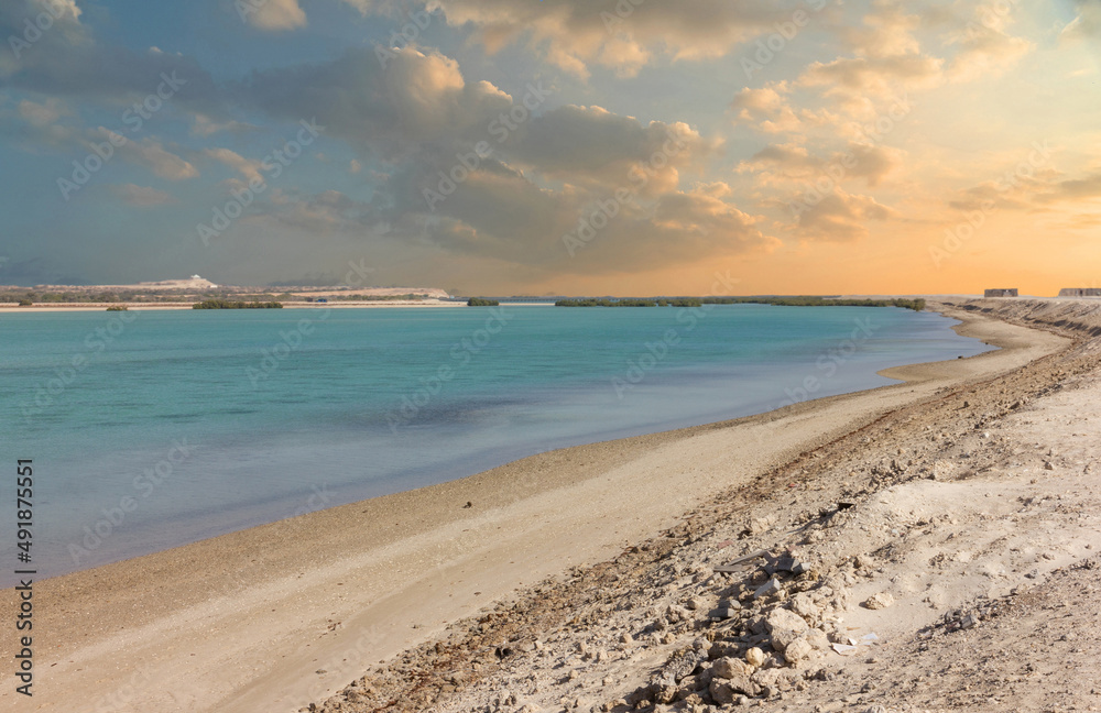 Sir Bani Yas island, Abu Dhabi, UAE. Sea beach sunset view