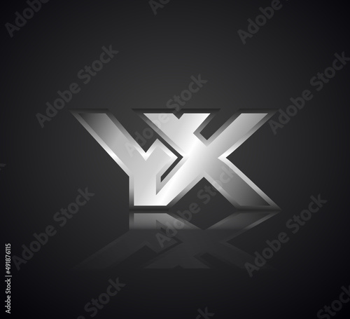 Modern Initial logo 2 letters Silver Metal Chrome simple in Dark Background with Shadow Reflection YX