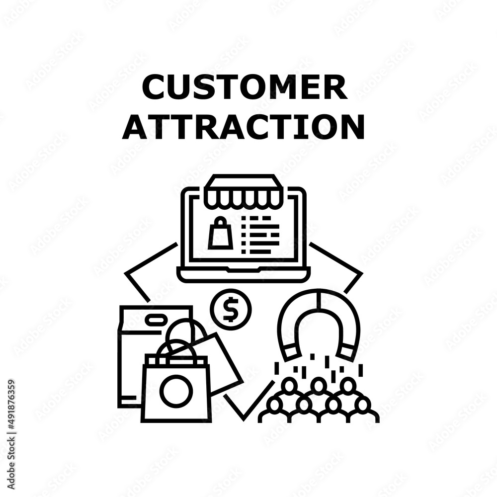 Customer Attraction Vector Icon Concept. Online Store Client Retention And Customer Attraction, Internet Shop Website For Choosing And Buying Goods. Purchasing Products Black Illustration Customer Attraction Vector Icon Concept. Online Store Client Retention And Customer Attraction, Internet Shop Website For Choosing And Buying Goods. Purchasing Products Black Illustration