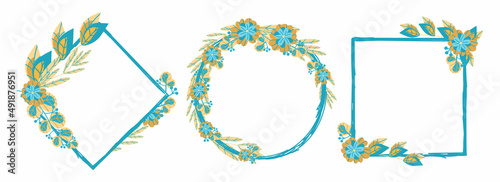 Set of various frames with flowers and twigs, hand-drawn elements in cartoon style. Flowers. Templates for postcards. Vector images of plants on white background.