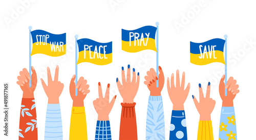 Save Ukraine and peace concept with hands holiding Ukraine national flag. Childish print for social media, poster and banner design