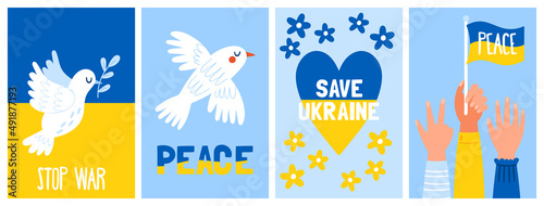 Save Ukraine concept banner set with Ukraine national flag, pigeon and heart shape. Childish print for social media, poster and banner design