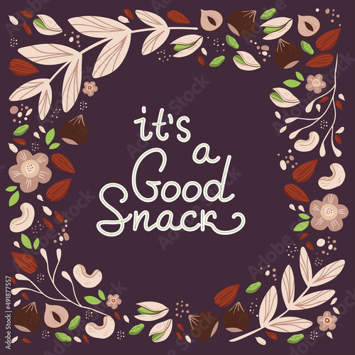 Hand drawn healthy snack design template. Organic food vector illustration. Frame with different nuts