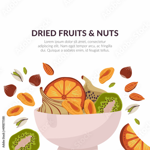 Hand drawn dried fruits design template. Dried fruits in bowl on white background. Vector illustration