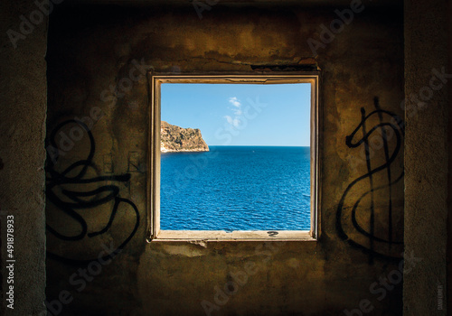 marco, mar, cuadro, ventana