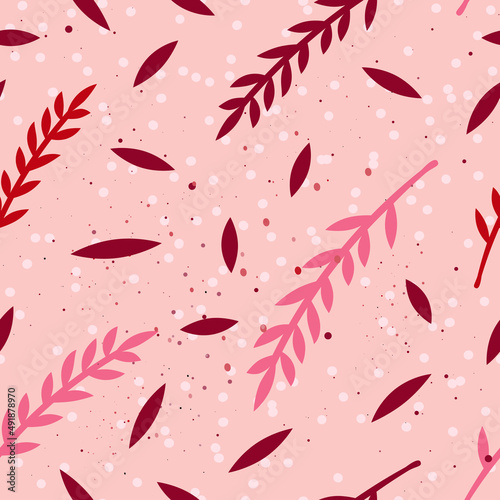 Seamless square pattern with leaves, twigs and dots on a pink background.