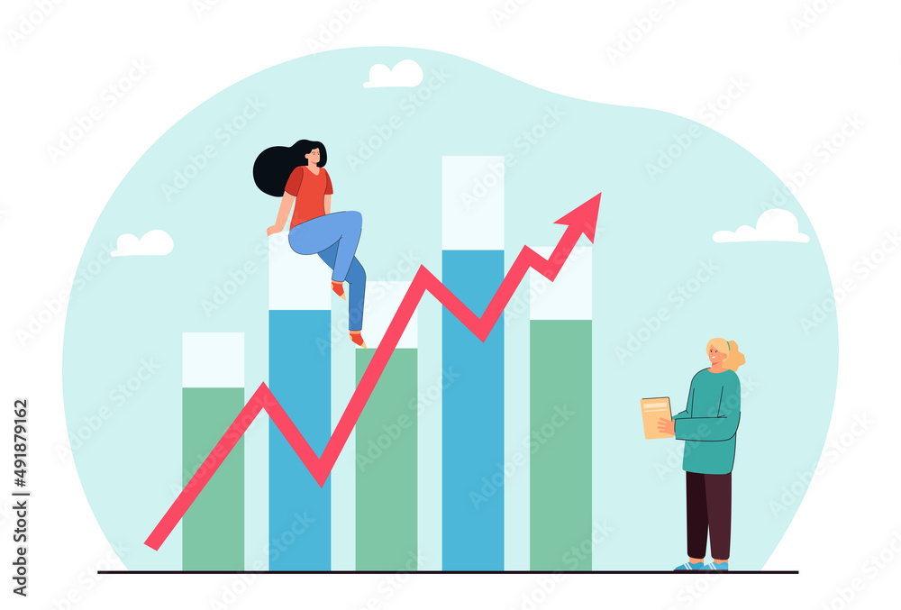 Successful businesswoman sitting on bar graph with up arrow. Tiny manager and business statistics flat vector illustration. Growth, development, progress concept for banner or landing web page Successful businesswoman sitting on bar graph with up arrow. Tiny manager and business statistics flat vector illustration. Growth, development, progress concept for banner or landing web page
