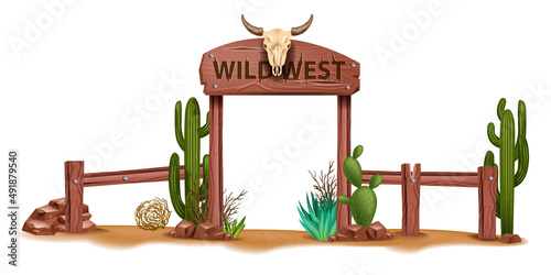 Wild west vector background, vintage rustic park entrance, western wooden sign board, cactus, fence. Game nature Mexican landscape, stone, tumble-weed, timber plank. Wild west environment clipart