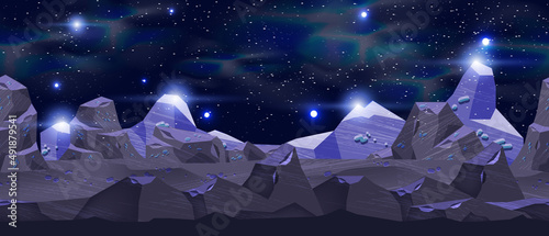 Planet space landscape, vector seamless game background, alien ground rock surface, night sky, stars. Moon environment panoramic view, asteroid purple stone, cosmos horizontal banner. Planet landscape
