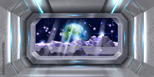 Space ship window, vector shuttle cockpit view, alien planet background, game spacecraft station. Futuristic Moon base corridor, Earth globe, starship hallway, sci-fi banner. Shuttle window scene