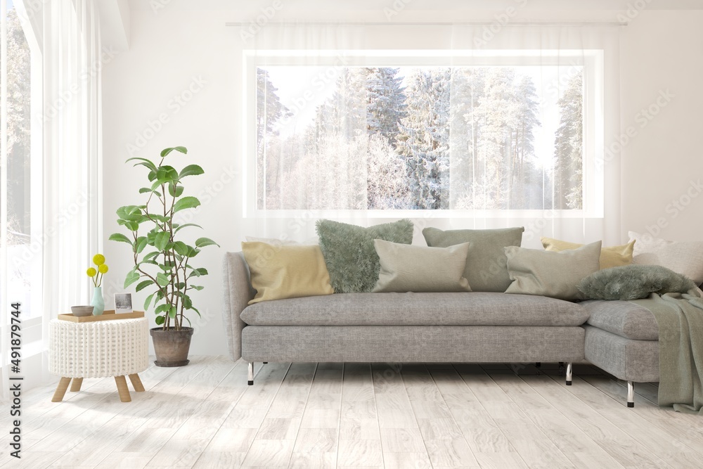 White living room with sofa and winter landscape in window. Scandinavian interior design. 3D illustration White living room with sofa and winter landscape in window. Scandinavian interior design. 3D illustration