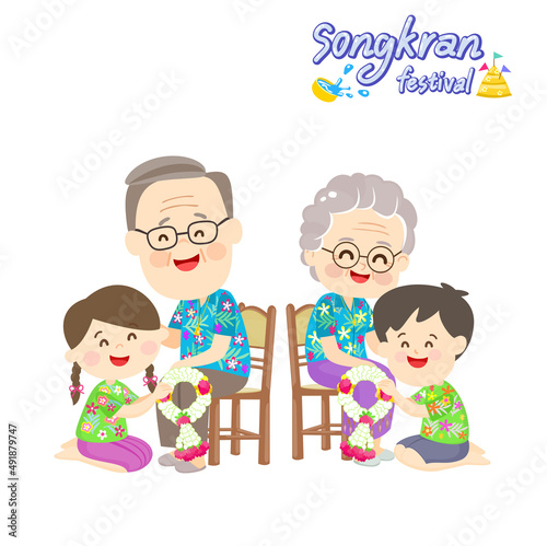 Fototapeta Naklejka Na Ścianę i Meble -  Cartoon cute family in Songkran Festival.