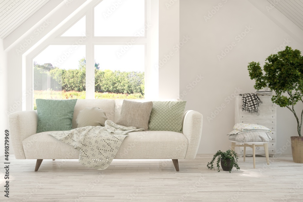 Fototapeta premium Stylish room in white color with sofa and summer landscape in window. Scandinavian interior design. 3D illustration
